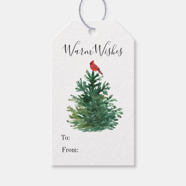 Warm Helgdag Fir Träd Red Cardinal Presentetikett (Framsidan)