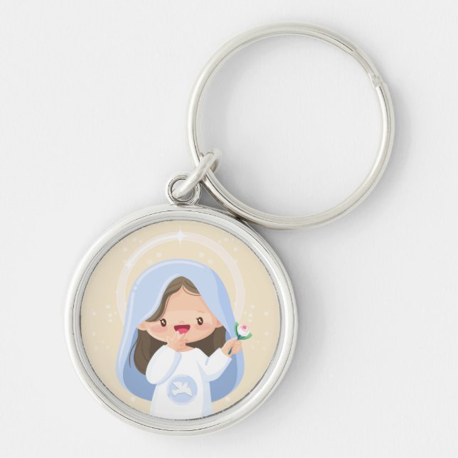 Warm Kawaii Virgin Mary Holding Flower - Beige Rund Silverfärgad Nyckelring (Framsidan)