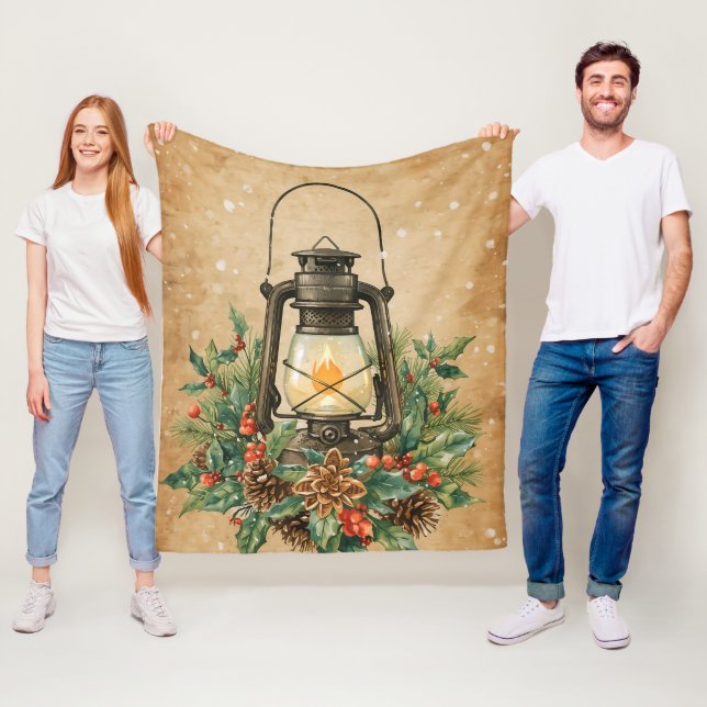 Warm lantern christmas holly pine rustic cozy  fleecefilt (På plats)