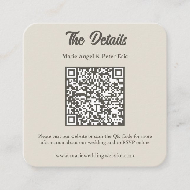 Warm Neutral Monogram QR Code Wedding Details  Fyrkantigt Visitkort (Framsida)