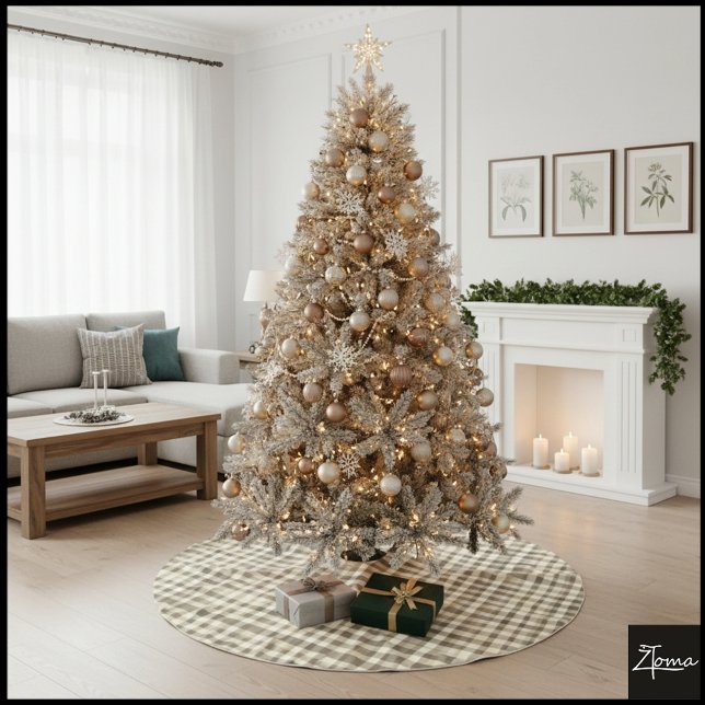 Warm Neutral Sepia Gingham Checkerboard Classic Julgransmatta Borstad Polyester (Skapare uppladdad)