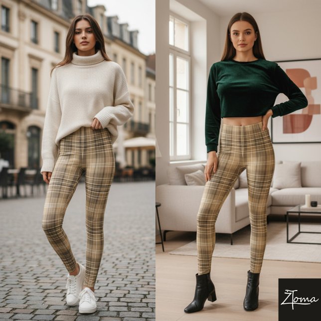 Warm Neutral Tan Plaid Tartan Pattern Leggings (Skapare uppladdad)