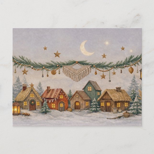 Warm Neutral Watercolor Boho Christmas Village  Helg Vykort (Framsida)