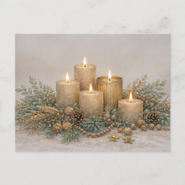 Warm Neutral Watercolor Christmas Candle Evergreen Helg Vykort