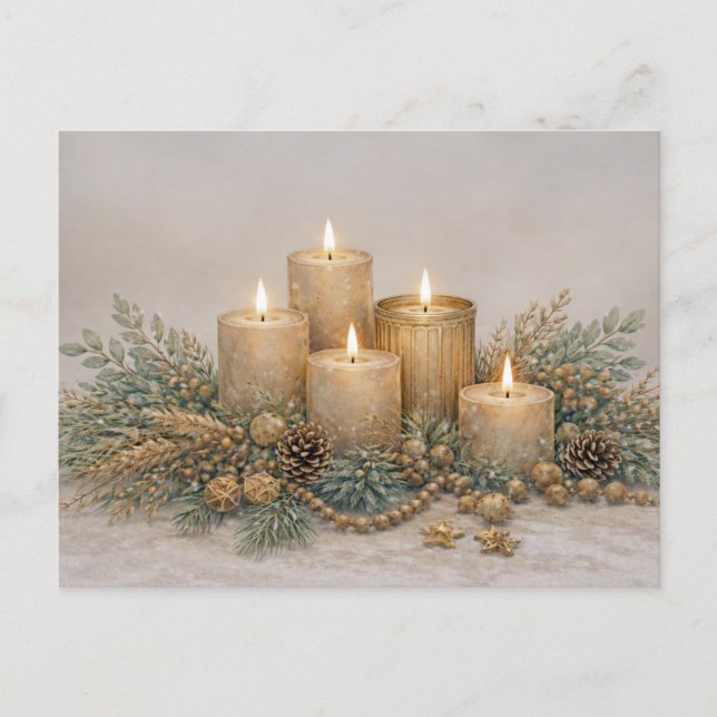 Warm Neutral Watercolor Christmas Candle Evergreen Helg Vykort (Framsida)