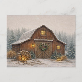 Warm Neutral Watercolor Rustic Christmas Barn  Helg Vykort