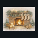 Warm Neutral Watercolor Rustic Christmas Fireplace Helg Vykort<br><div class="desc">This cozy watercolor illustration captures a warmly lit Christmas fireplace decorated for the holiday season. A glowing fire burns inside a rustic brick hearth while evergreen garlands, pinecones, and golden ornaments adorn the mantel above. Three knitted stockings hang beneath candlelight and delicate star garlands, adding a traditional festive touch. Surrounding...</div>