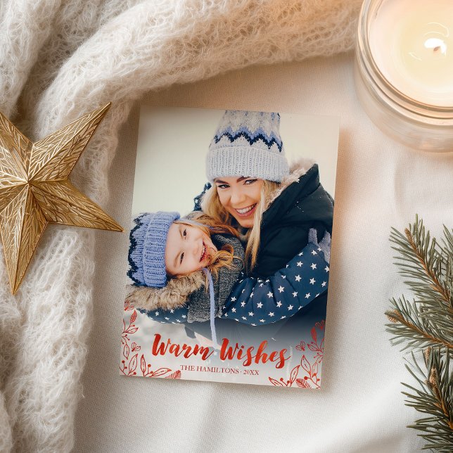 Warm Önskemål Foliage Red Script Photo Jul Vykort (Skapare uppladdad)