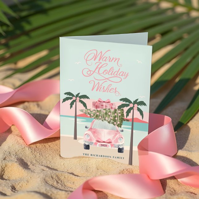 Warm Önskemål Tropical Handflatan Träd & Rosa Retr Helgkort (Warm Wishes Tropical Palm Trees & Pink Retro Car Holiday Card)
