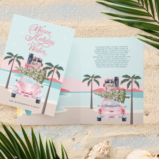 Warm Önskemål Tropical Handflatan Träd & Rosa Retr Helgkort (Warm Wishes Tropical Palm Trees & Pink Retro Car Holiday Card)