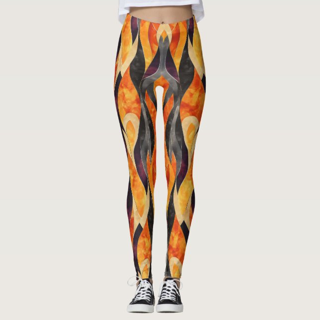 Warm Orange Abstrakt Mönster Leggings (Framsida)
