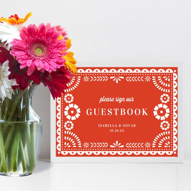 Warm Red Papel Picado Bröllop Guestbook-tecken Poster (Skapare uppladdad)