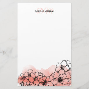 Warm Rosa Watercolor Blommigt Line Art Namn Monogr Brevpapper