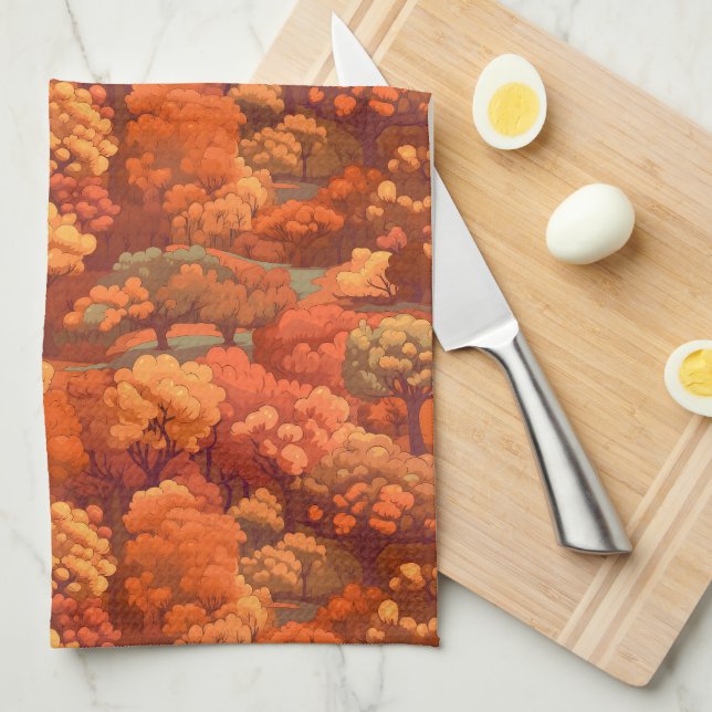 Warm Rustic Watercolor Fall Träd | Boho Aesthetic Kökshandduk (Vikt i Fjärdedel)