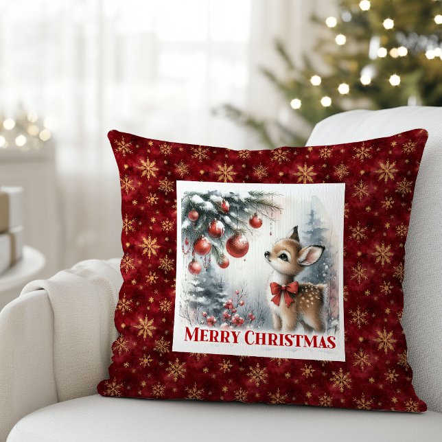 Warm snowy forest festive baby fawn scene kids  kudde (Warm snowy forest festive baby fawn scene kids room decor)