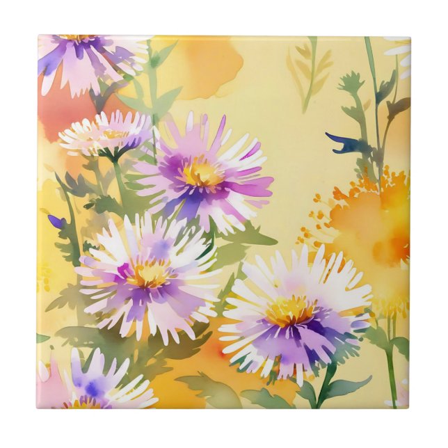 Warm Sunlit Aster Flowers on Light Gult Kakelplatta (Framsidan)