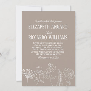 Warm Taupe Beige Terracotta Line Art Wildblomma Inbjudningar