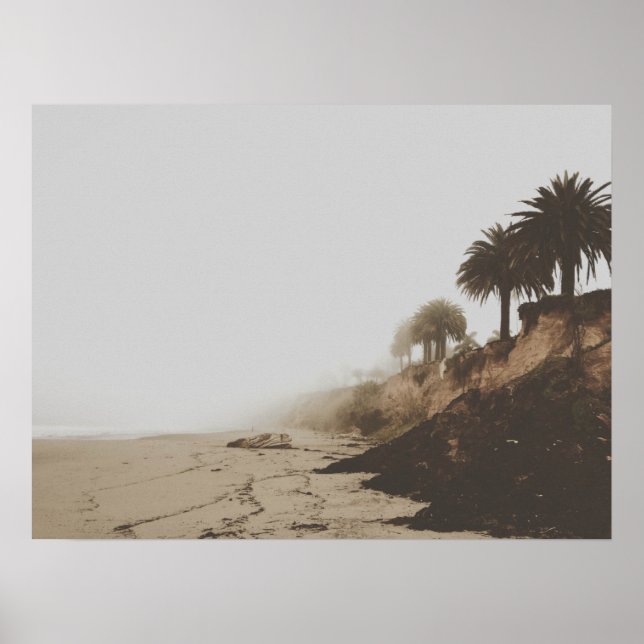 Warm Toned Foggy Beach med Handflatan Träd Poster (Framsidan)