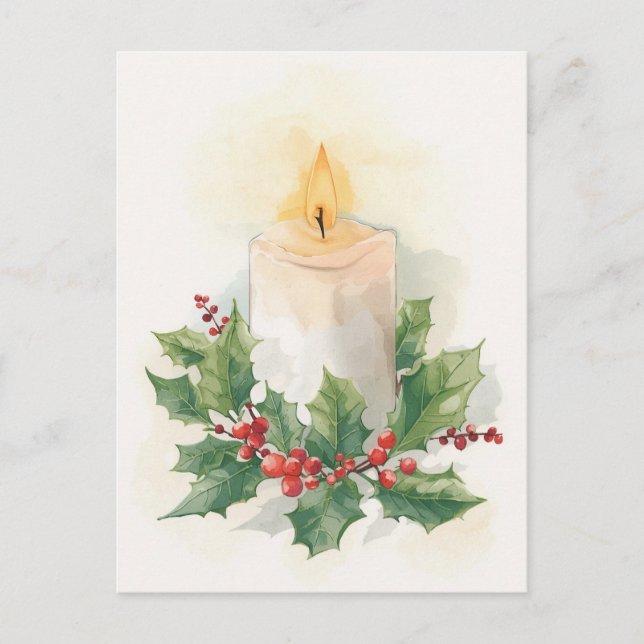 Warm Watercolor Candle and Holly Helg Vykort (Framsida)