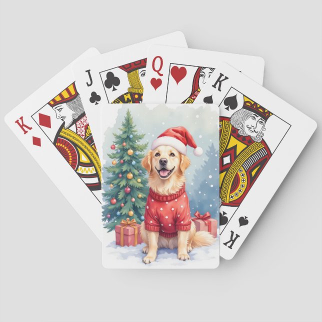 Warm Watercolor Golden Retriever Christmas Tree Casinokort (Baksidan)