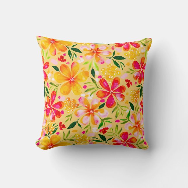 Warm Wendy Watercolor Blommigt-Gult Kudde (Framsida)