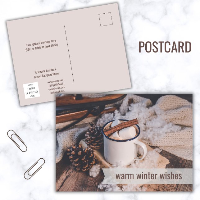 Warm Winter Önskemål Business Glad helg Vykort (Warm Winter Wishes hot cocoa postcard)