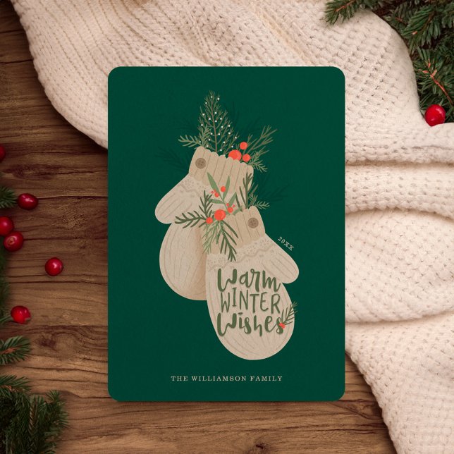 Warm Winter Önskemål Festive jul Mittens Julkort (Warm Winter Wishes Festive Christmas Mittens Holiday Card)