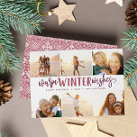 Warm Winter Önskemål | Fotokollage Julkort<br><div class="desc">Vår helgdag- och visitkortsdesign är det perfekt sättet att visa sex av dina favoritfoton i familjen. Konstruktionen har "Warm Winter Önskemål" i handskriven burgundisk plumtypografi på vit bakgrund. Anpassa med namn och året för en chic anpassningsbar jul hälsning.</div>