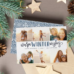 Warm Winter Önskemål | Fotokollage Julkort<br><div class="desc">Vår helgdag- och visitkortsdesign är det perfekt sättet att visa sex av dina favoritfoton i familjen. Utformningen av "Warm Winter Önskemål" i handskrivet marint blått typografi på vit bakgrund. Anpassa med namn och året för en chic anpassningsbar jul hälsning.</div>