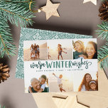 Warm Winter Önskemål | Fotokollage Julkort<br><div class="desc">Vår helgdag- och visitkortsdesign är det perfekt sättet att visa sex av dina favoritfoton i familjen. Konstruktionen har "Warm Winter Önskemål" i handskriven typografi av grönten på vit bakgrund. Anpassa med namn och året för en chic anpassningsbar jul hälsning.</div>