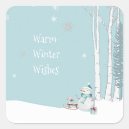 Warm Winter Önskemål Snögubbe med Sled Snowing Tea Fyrkantigt Klistermärke
