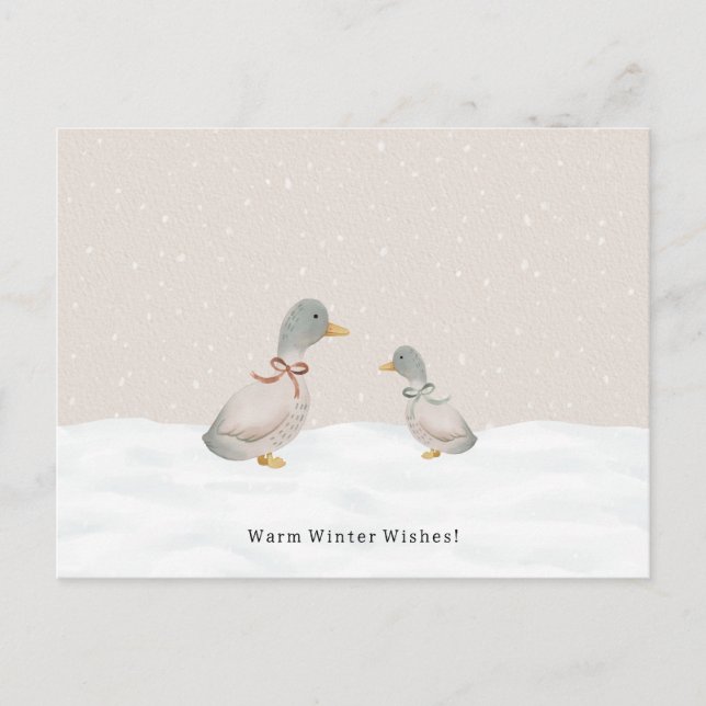Warm Winter Wishes Cute Ducks In The Snow Card Vykort (Framsida)