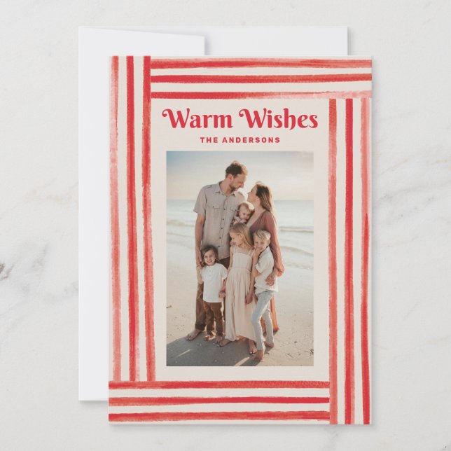 Warm Wishes Photo Christmas. Red Watercolor Stripe Julkort (Framsida)