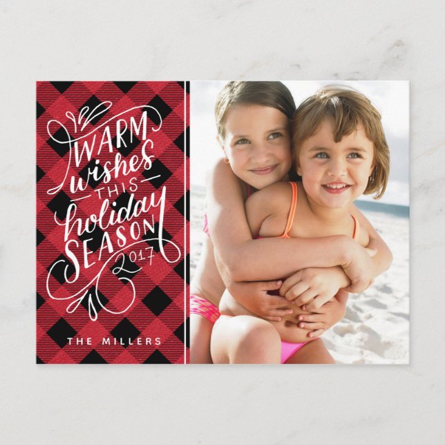Warm Wishes This Holiday Hand Lettered Plaid Helg Vykort (Framsida)