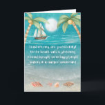 Warmer Wonderland Tropical Beach jul Helgkort<br><div class="desc">Det tropiska julkortet har en måndagsljusstrand med strand och avlyssningssand, handflatan träd, och en frakt som seglar i havet. Texterna är i "Winter Wonderlands" melodi, men med en tropisk tvist som säger: "Seashells ring, lyssnar du? — På stranden snurrar sand - En vacker syn, vi är lycklig i kväll -...</div>
