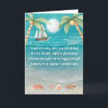 Warmer Wonderland Tropical Beach jul Helgkort<br><div class="desc">Det tropiska julkortet har en måndagsljusstrand med strand och avlyssningssand, handflatan träd, och en frakt som seglar i havet. Texterna är i "Winter Wonderlands" melodi, men med en tropisk tvist som säger: "Seashells ring, lyssnar du? — På stranden snurrar sand - En vacker syn, vi är lycklig i kväll -...</div>