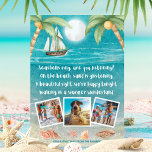 Warmer Wonderland Tropical Beach Photo jul Julkort<br><div class="desc">Det tropiska temat jokerkort har en månljusstrand med segelceller och avlyssningssand, handflatan träd, och en frakt som seglar i havet. Texterna är i "Winter Wonderlands" melodi, men med en tropisk tvist som säger: "Seashells ring, lyssnar du? — På stranden snurrar sand - En vacker syn, vi är lycklig i kväll...</div>