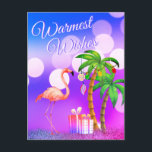 Warmest Wishes Flamingo Tropical Beach Christmas Helg Vykort<br><div class="desc">This Warmest Wishes Christmas holiday postcard features a pink flamingo with decorated holiday palm trees and gifts on a tropical lit beach night.  Back Greeting ~ "From Our Holiday Paradise to Yours".  *</div>