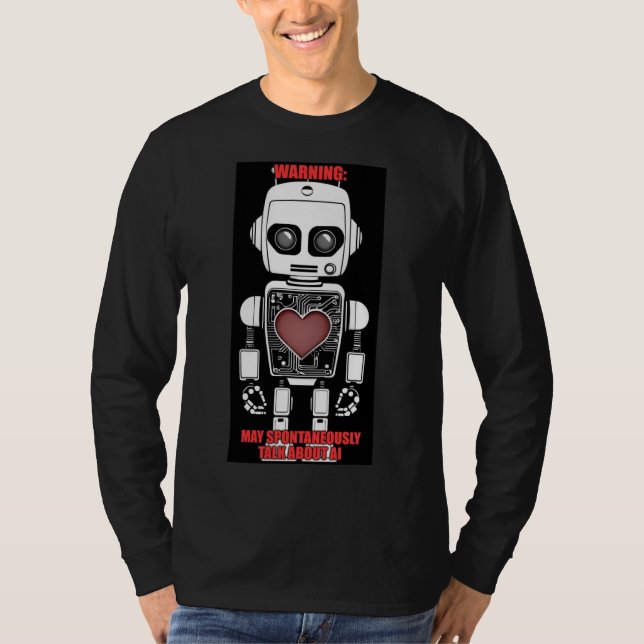 Warning: May Talk About AI Men's Black Long Sleeve T Shirt (Framsida)