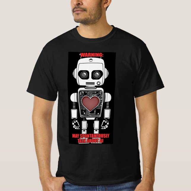 Warning: May Talk About AI Men's Black T Shirt (Framsida)