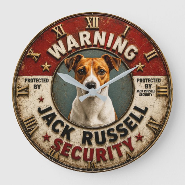 Warning Protected by Jack Russell Security Funny  Stor Klocka (Framsida)