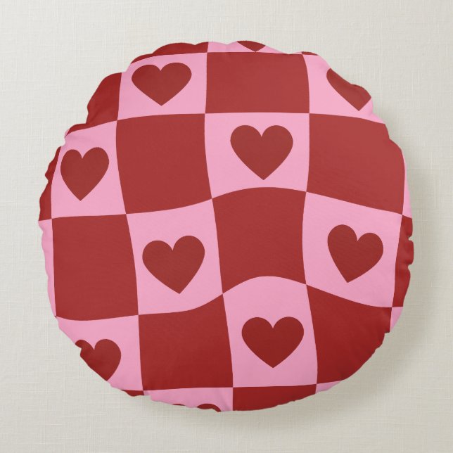 Warped Crimson Pink Checkerboard Pillow Rund Kudde (Framsidan)