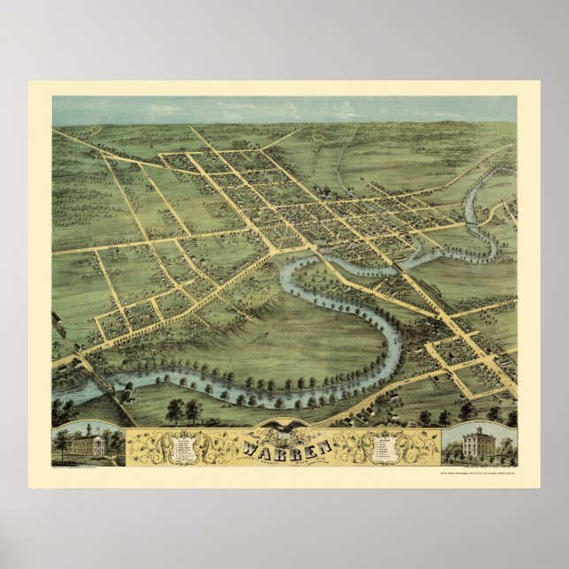 Warren, OH Panoramic Karta - 1870 Poster (Framsidan)