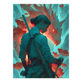 Warrior and Dragon Fantasy Art Fototryck