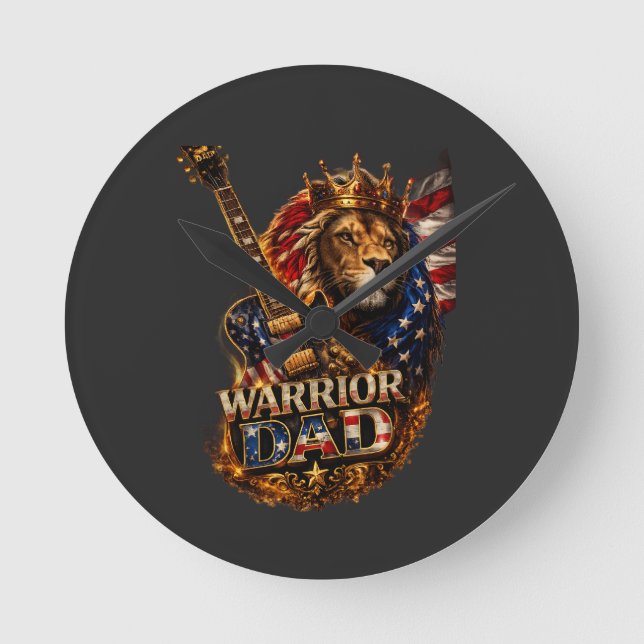 Warrior Dad Lion Amerikansk Flagga Gitarr T-Shirt Rund Klocka (Framsida)