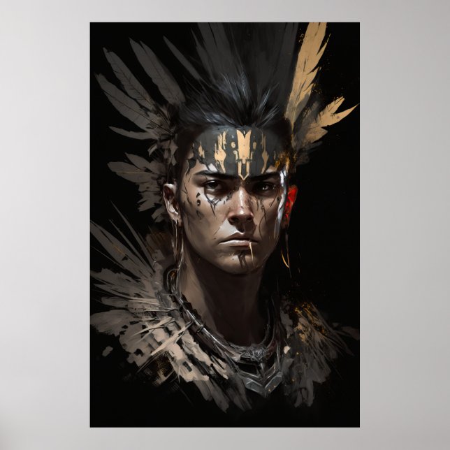 Warrior Indian Porträtt Fantasy Painting Mörk Vild Poster (Framsidan)