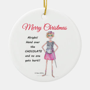 Warrior-kvinnan kräver överlämnande av chokladskis julgransprydnad keramik