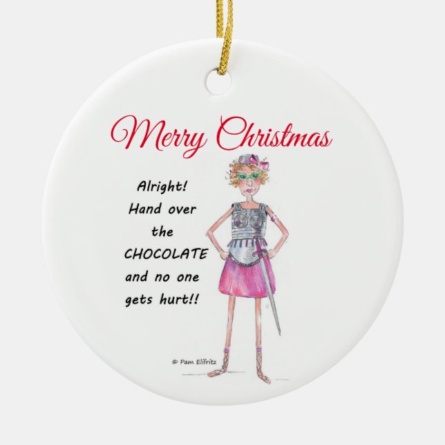 Warrior-kvinnan kräver överlämnande av chokladskis julgransprydnad keramik (Framsidan)