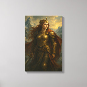 Warrior Queen i Guld Armor med Krona och Sword Canvastryck