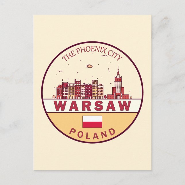 Warszawa Poland City Skyline Emblem Vykort (Framsida)